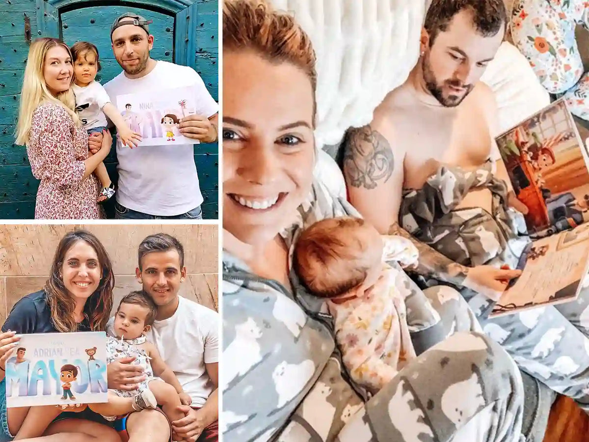 Happy couples with their babies and the best gift for dad, a personalized book for dads and baby.