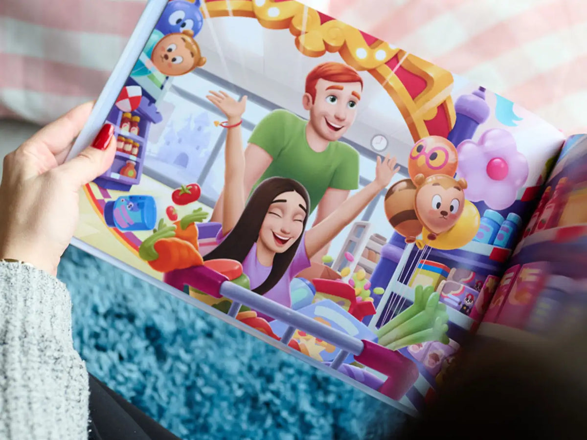 A fun and vibrant illustration of a couple enjoying a shopping trip together, featured in a custom anniversary book—making it a perfect Valentine’s Day gift.
