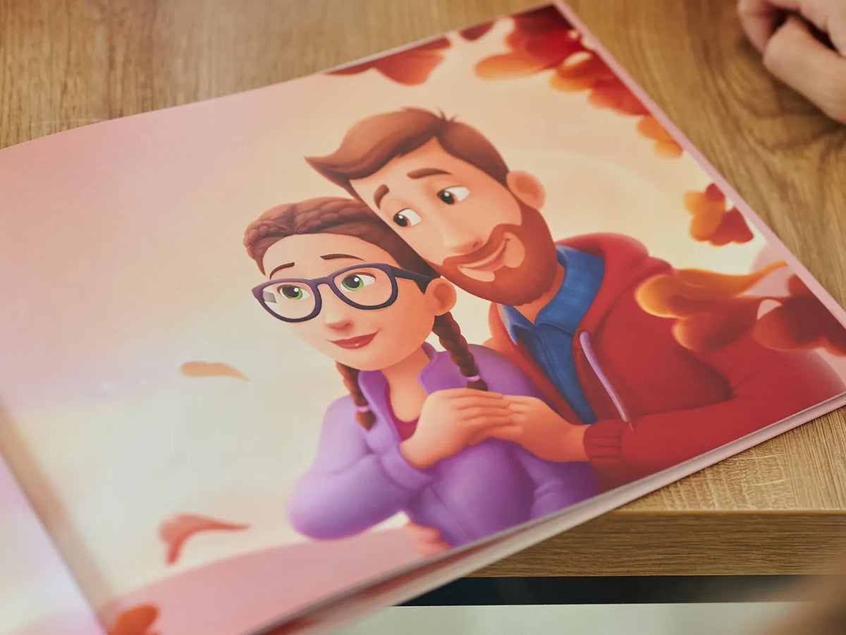 Illustrated loved up couple from custom picture book from Hooray Heroes is a great gift for Christmas.