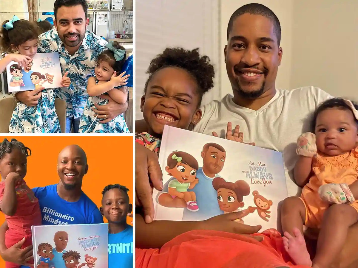 Dads are proudly showing off their personalized book for them and their kids.