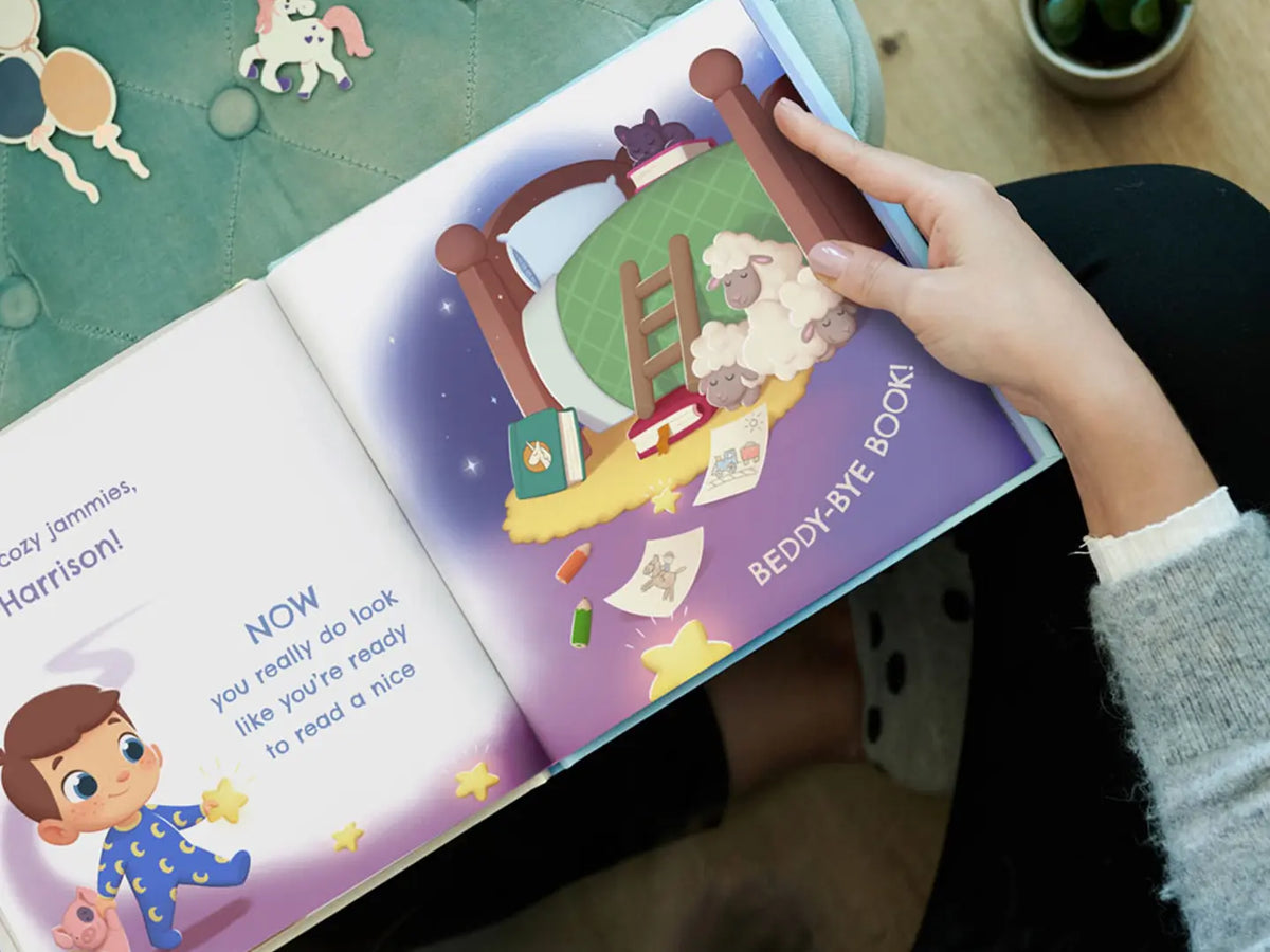 Drawings from the DIY going-to-bed book where the little boy is wearing pajamas and getting ready to go to sleep.