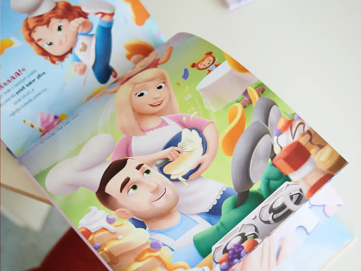 Detailed custom illustration of all four family members making pancakes.