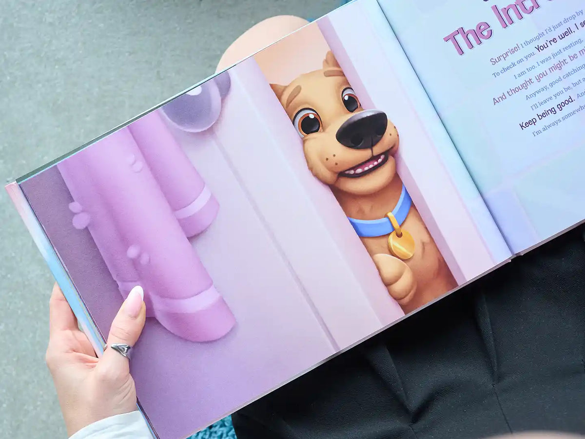 Personalized memorial dog book illustration of a loyal pup peeking through a door, symbolizing how your beloved dog never let you go anywhere alone.