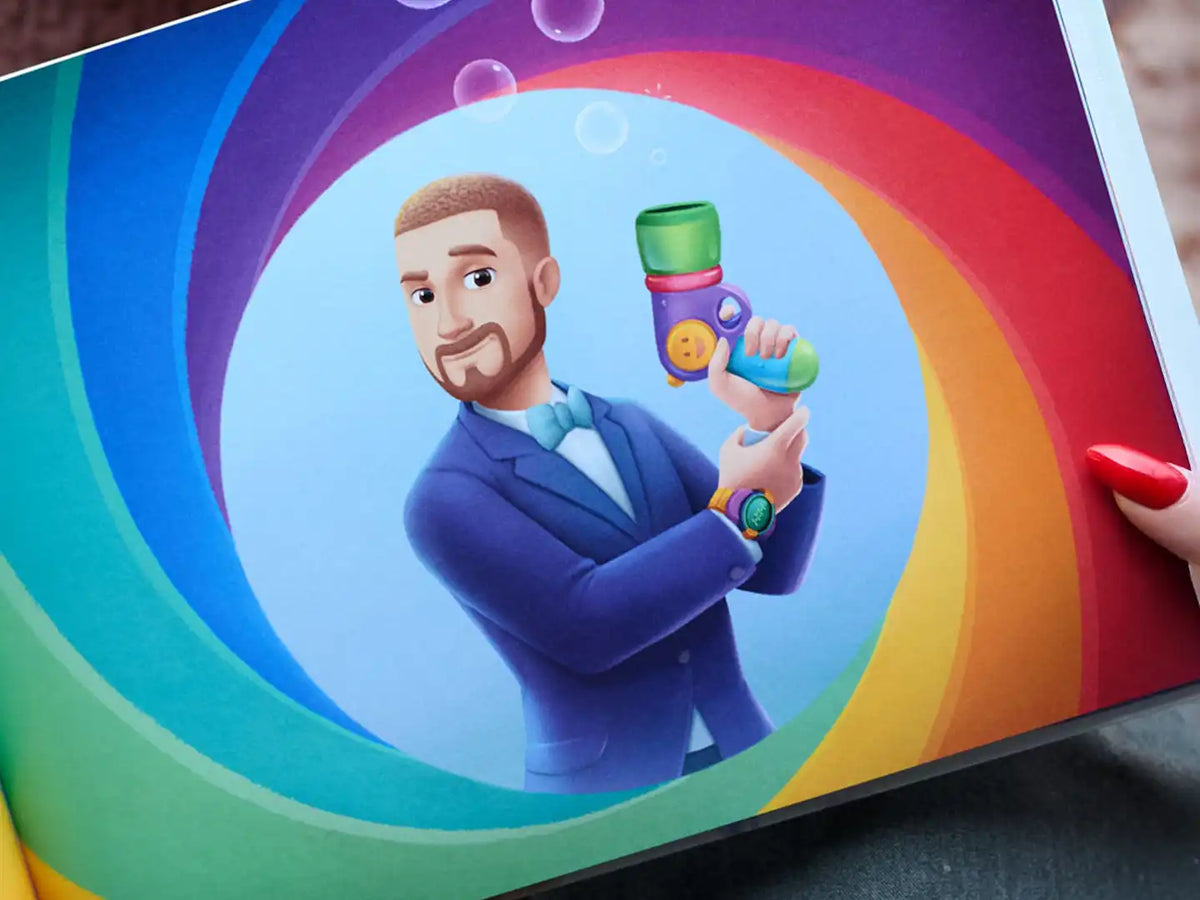Colorful illustration of dad as James Bond from our custom dad book which is a great gift for dad for Father's Day or Christmas.