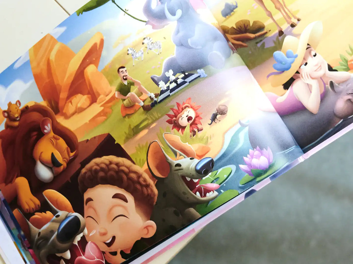 Illustration from the personalized book for families where the family is friends with African animals.