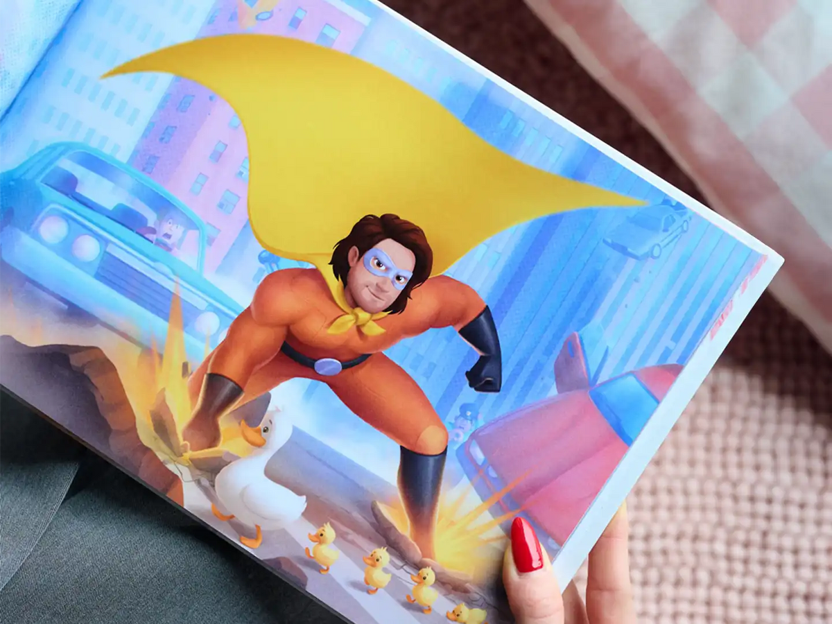 One of the colorful illustrations from the personalized book dad where dad is portrayed as a superhero that he is.