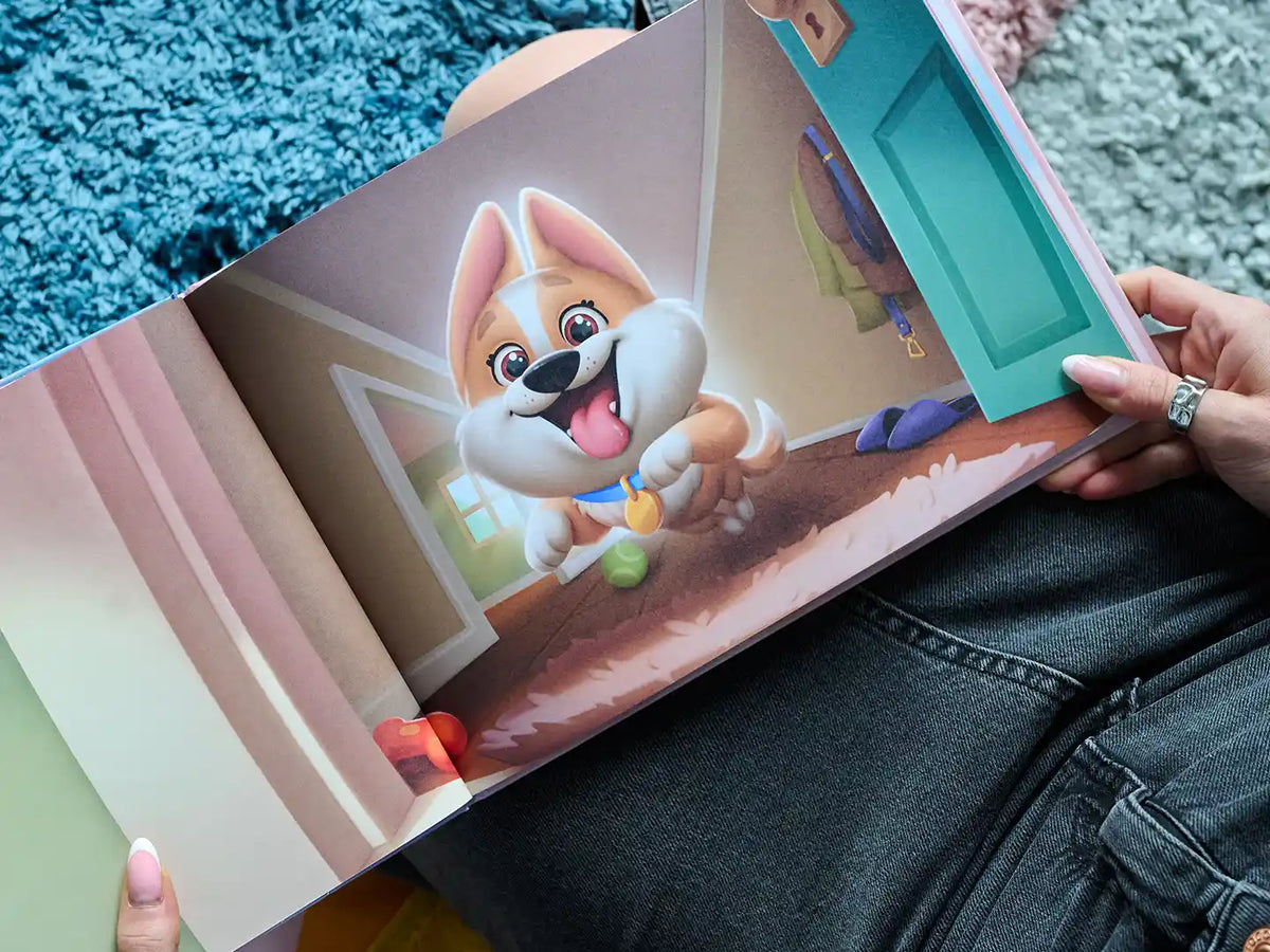Joyful illustration from a Hooray Heroes custom memorial dog book, celebrating a pup’s playful spirit through a personalized story.