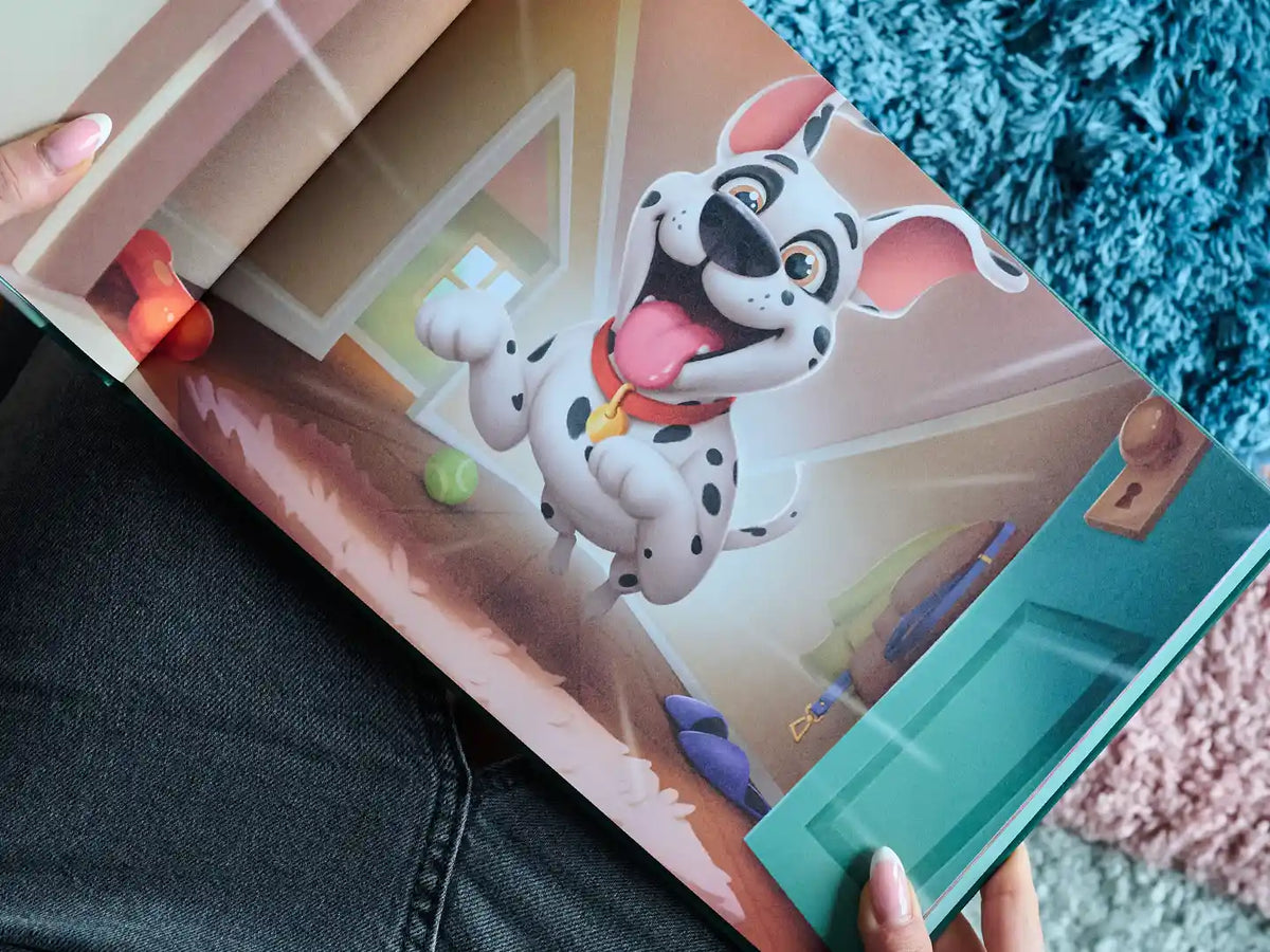 Illustration from the custom dog book showing a pup running joyfully toward their owner—an unforgettable gift for animal lovers.