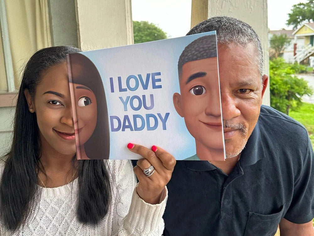 Daughter and dad are showing the similarities of the personalized characters on the cover of their custom-made book.