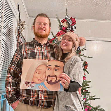 A man and woman smile with the best gift for boyfriends, a unique DIY couples' love book for him.