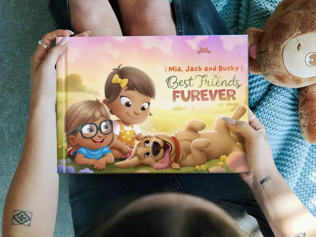 A personalized book for dog and two kids featuring their illustrated characters on the cover – custom gift and storybook for kids and their pet.