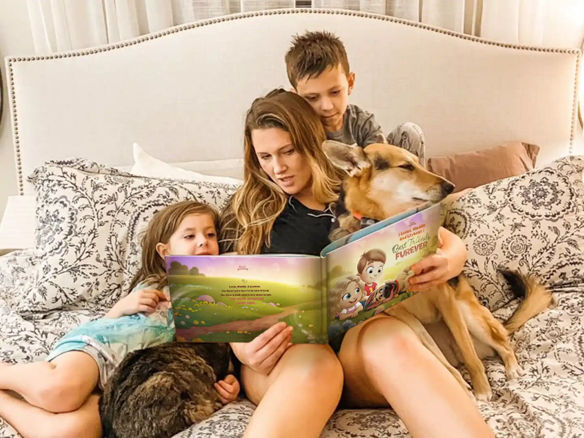 A family reading a custom storybook featuring a playful dog and two kids – personalized book for dog and kids.