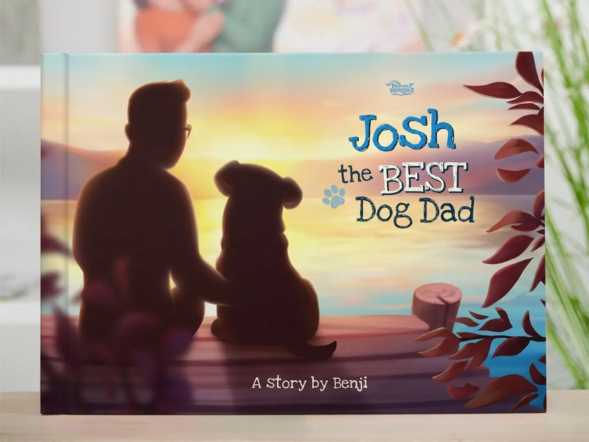 Personalized dog dad book titled 'Josh the Best Dog Dad' — a unique Father's Day gift for dog dads, featuring his name and dog's name on the cover.