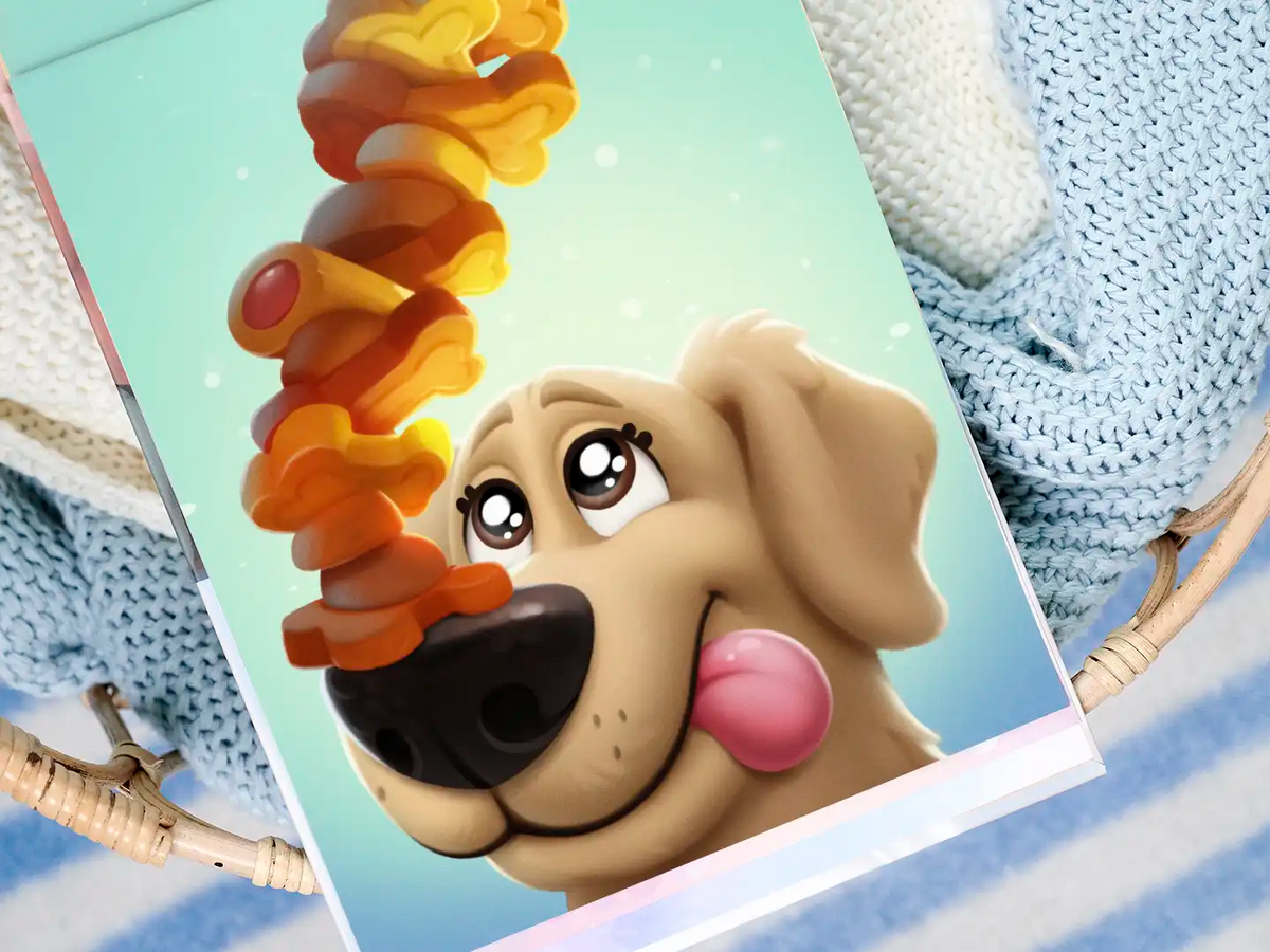 Illustrated page from a personalized book for dog dads, showing a cute dog with a snack — a fun and emotional gift for all dog dads.