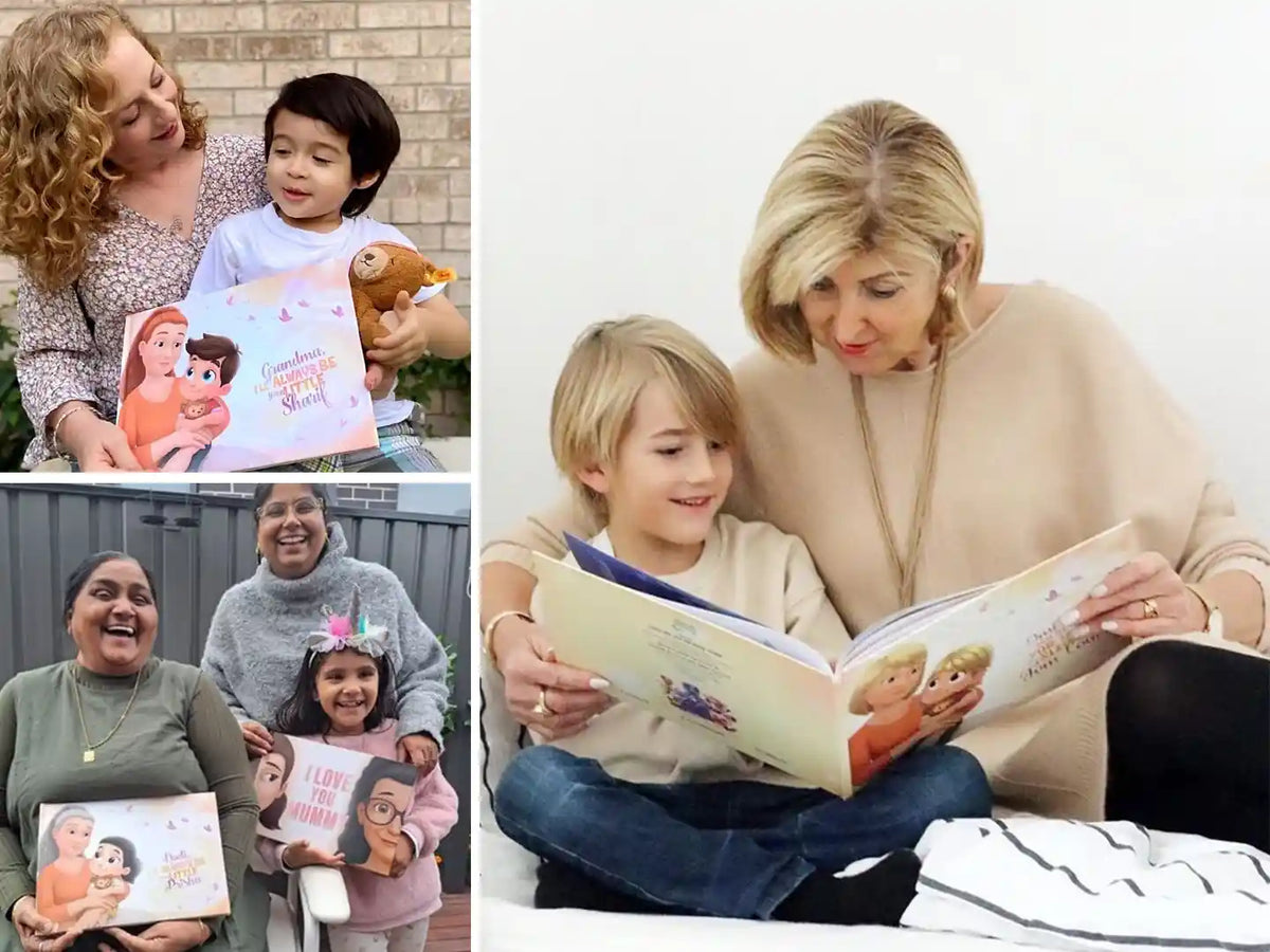 Grandmas and their grandchildren with their personalized book.