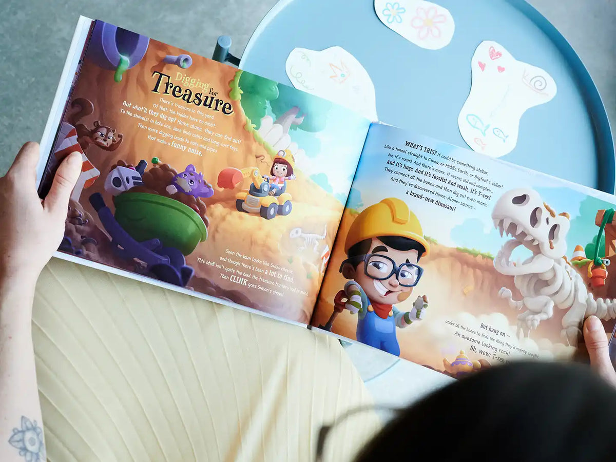 Two kids looking for treasure illustration from custom home alone book which is a great Christmas gift.