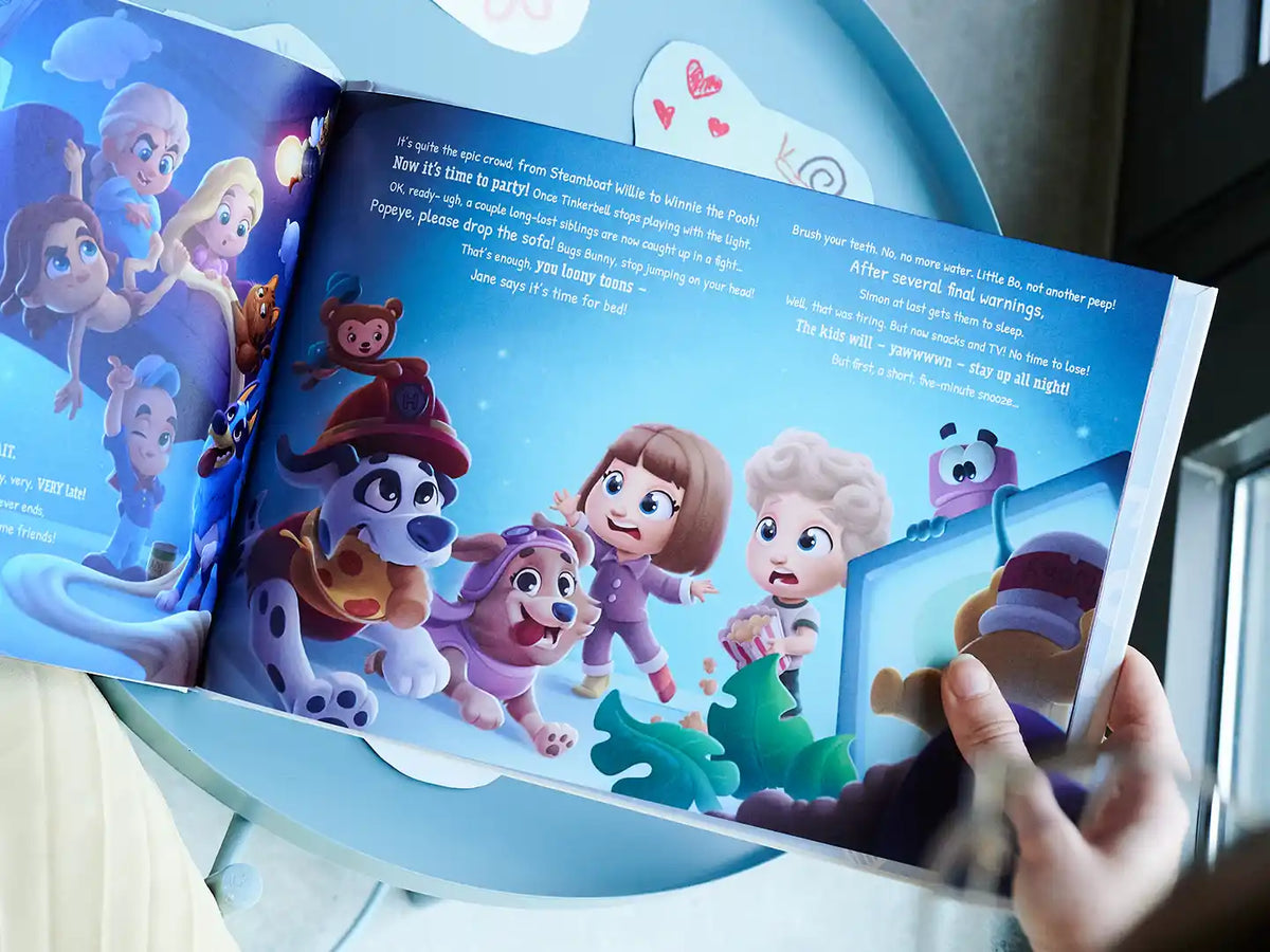 Cute illustration from personalized book for siblings being home alone where they have a party.
