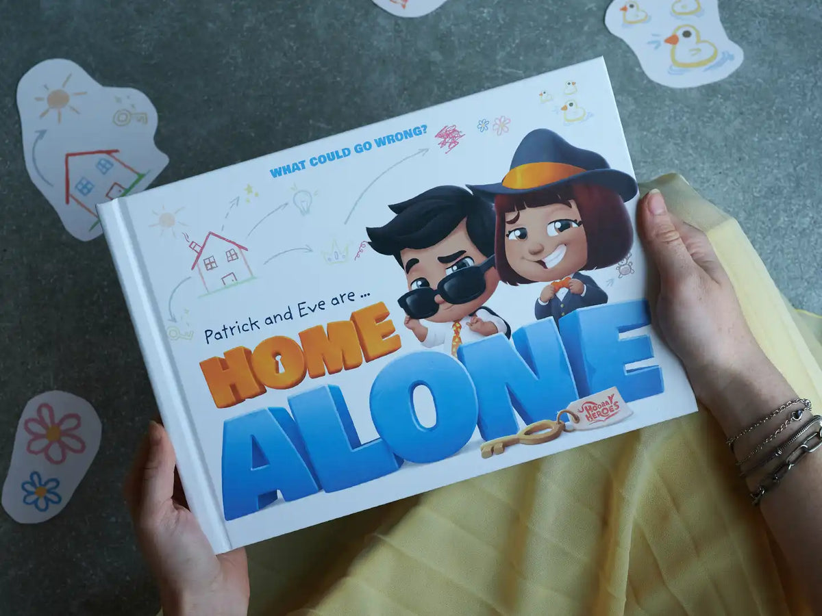 The cover of new personalized home alone book for siblings which is a great birthday gift.