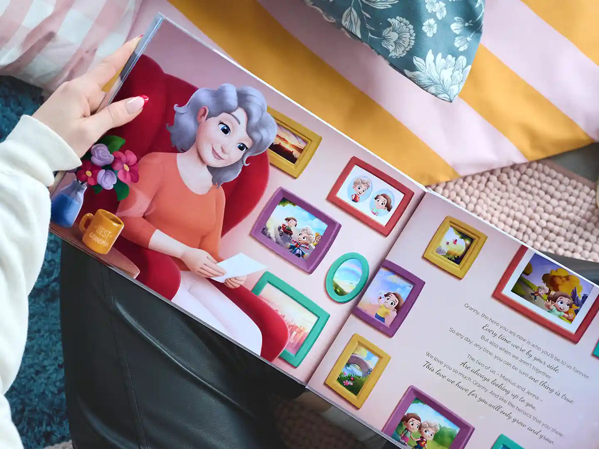 A personalized grandma book featuring her and two grandkids.