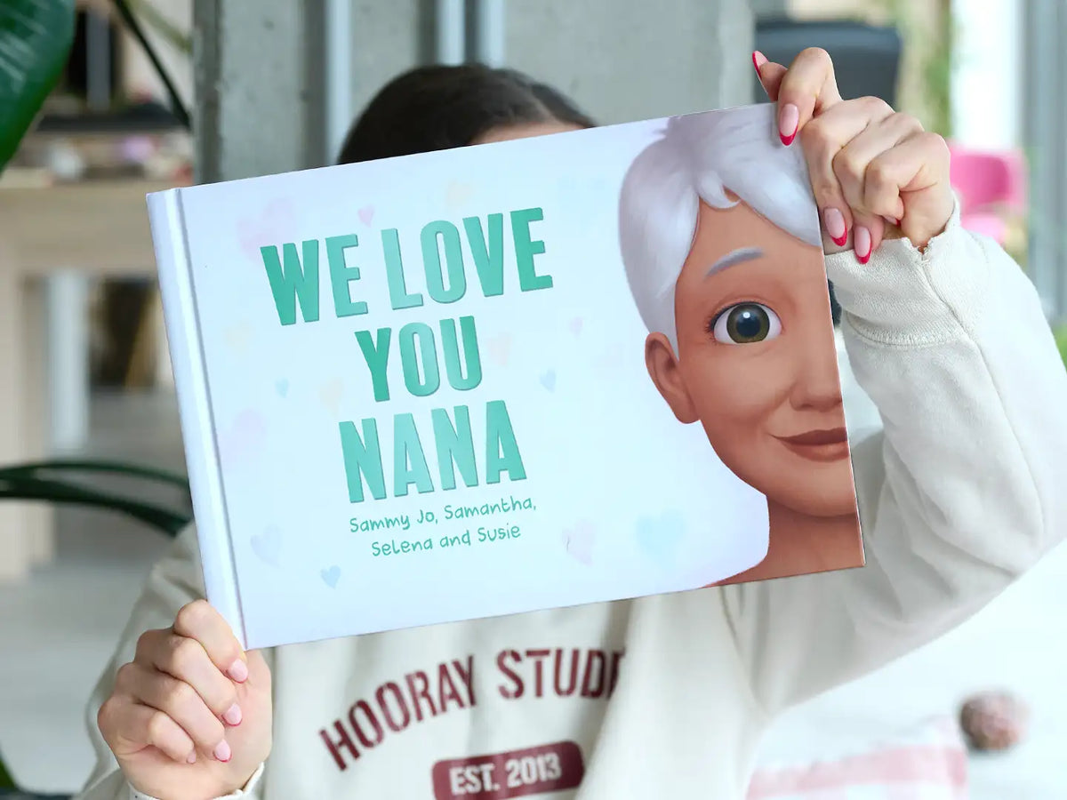 The cover of a personalized book for grandma and her four grandkids.