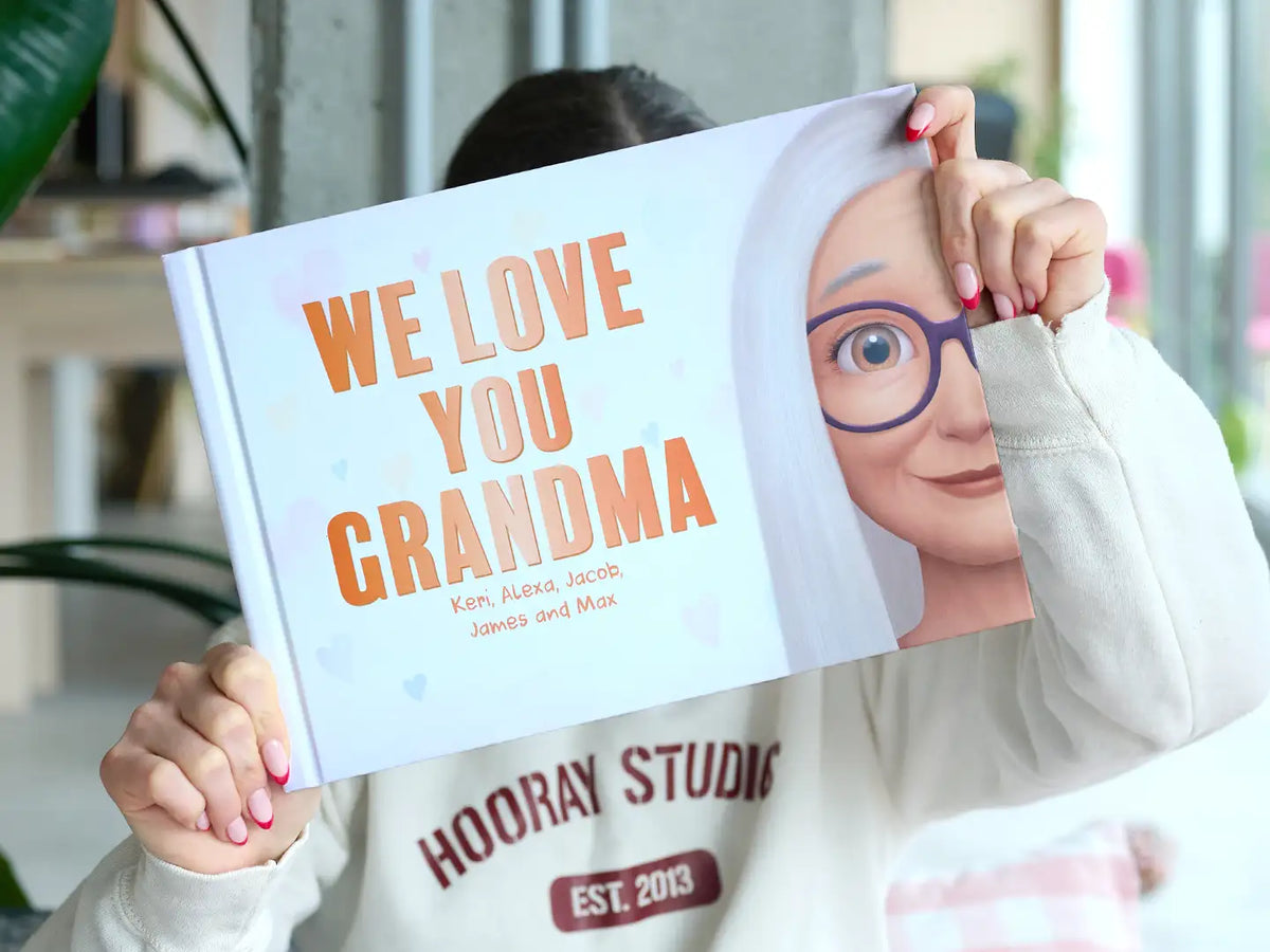 The cover of a new personalized Hooray Heroes book for grandma from her five grandkids.