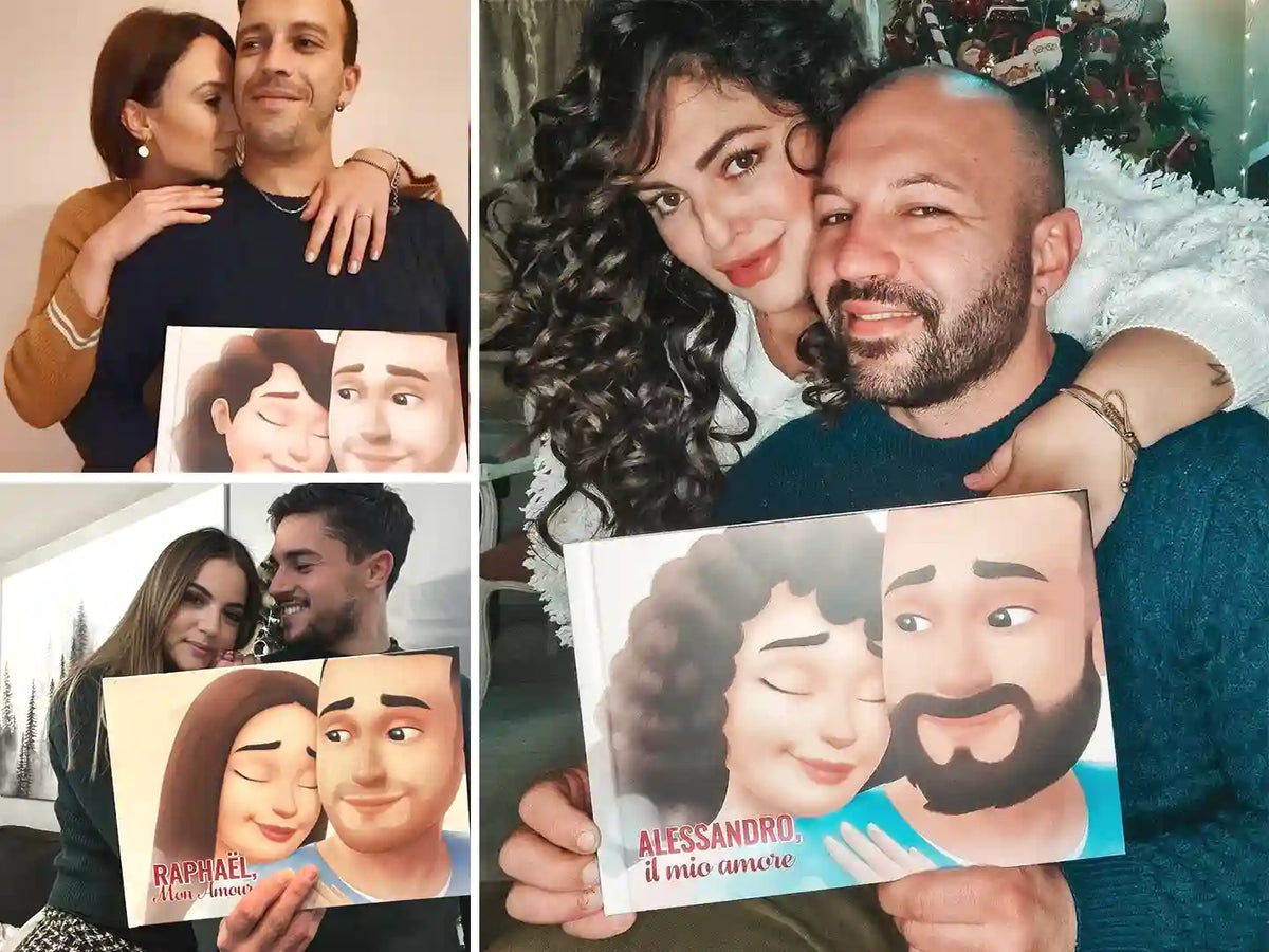 Happy couples holding their new personalized book from Hooray Heroes.