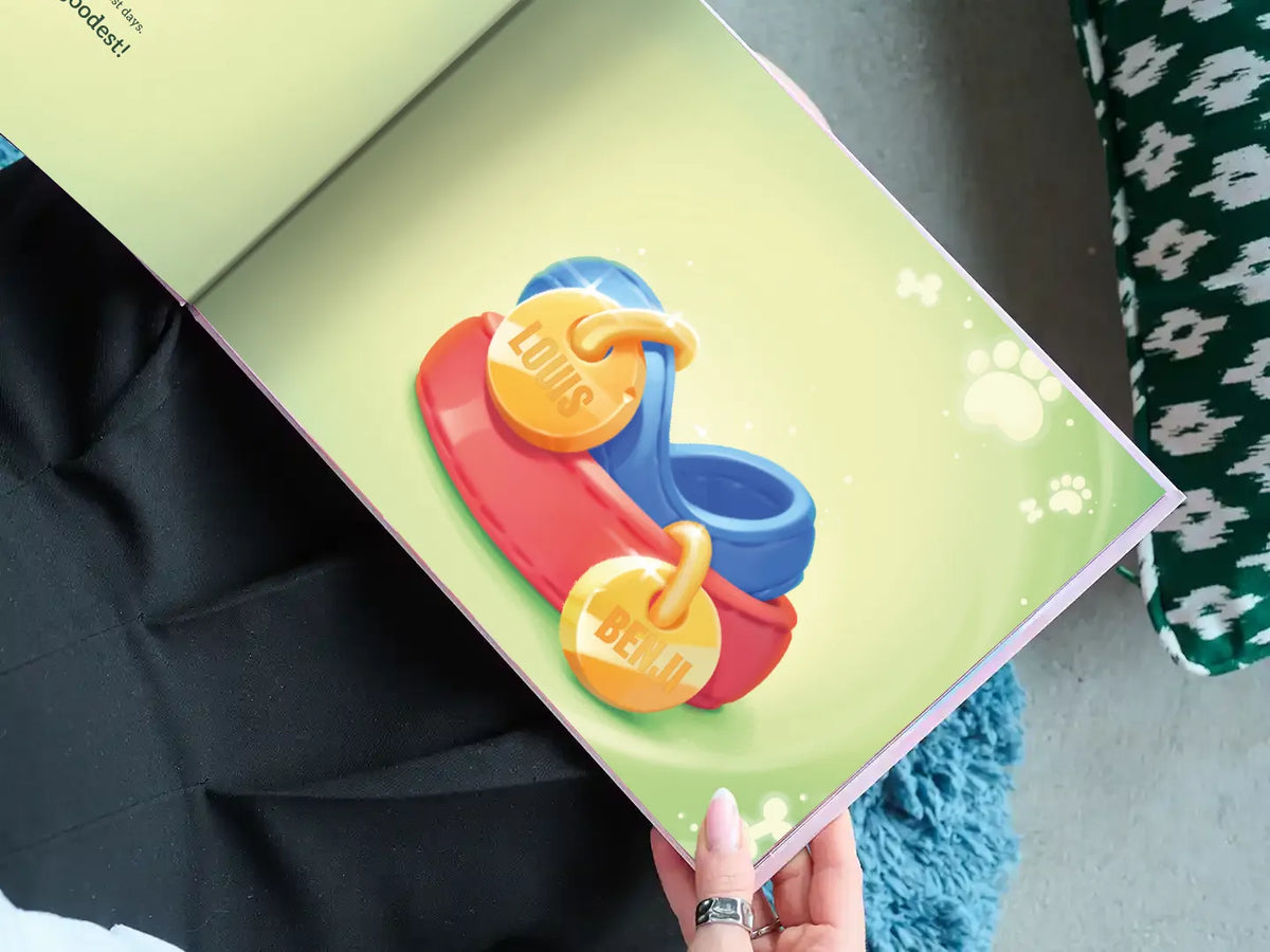 Illustration of dog bowls with names in a personalized book – thoughtful present for dog and meaningful gift for two dogs.