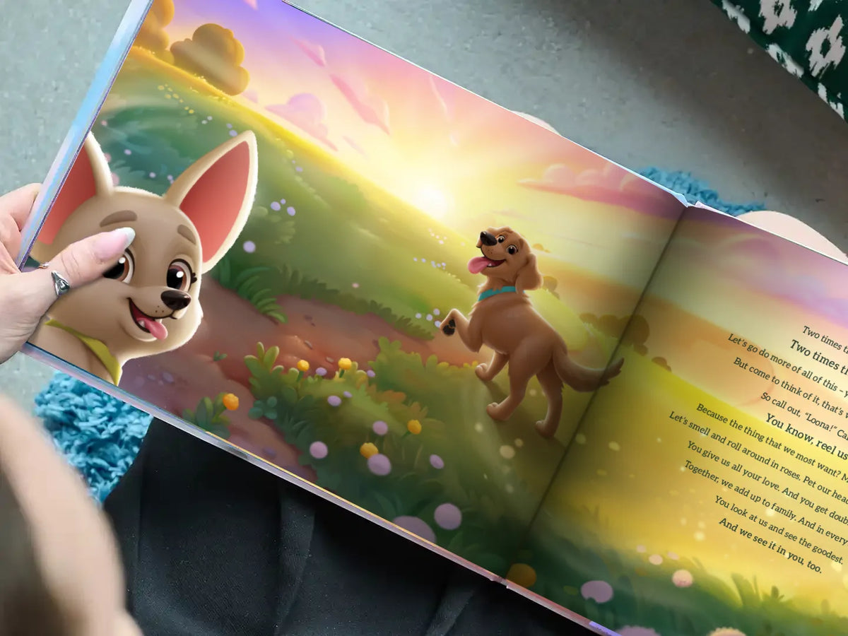 A heartwarming scene from a personalized dog book showing two dogs enjoying a sunset walk – perfect gift for dog lovers and custom books for pets.