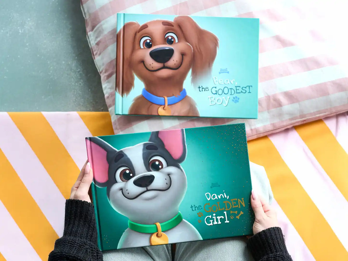 Two versions of personalized dog books, 'Bear the Goodest Boy' (basic version) and 'Dani the Golden Girl' (premium version)
