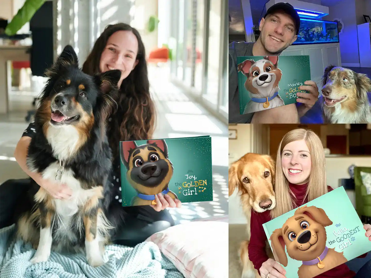 Happy dog owners posing with their dogs and personalized dog books — 'Joy the Golden Girl' (premium version) and 'Bear the Goodest Boy' (basic version) — showcasing the joy of custom pet-themed storytelling.