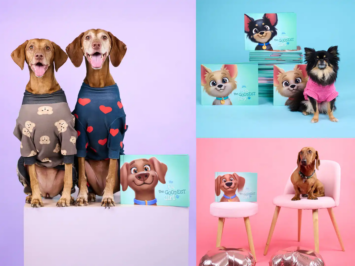 Adorable dogs posing with personalized dog books — 'The Goodest Girl' and 'The Goodest Boy' — in a colorful photoshoot setting, highlighting the customizable pet-themed storybooks in both basic and premium versions