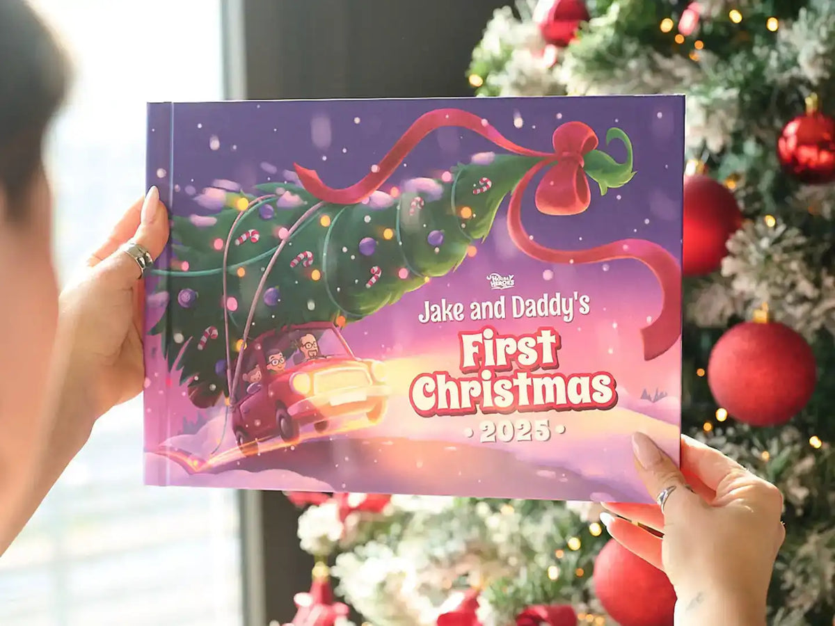 Cover of “Jake and Daddy’s First Christmas 2025” personalized holiday book shown in festive setting.