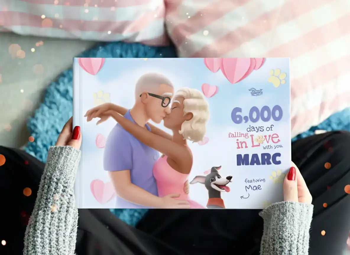 Custom couple book featuring their dog Mae – personalized anniversary gift for couples with a dog.